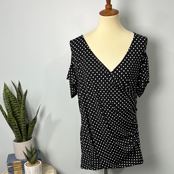 torrid Tops - Torrid Blouse Womens 2 Black Polka Dot Cold Shoulder Top V-Neck